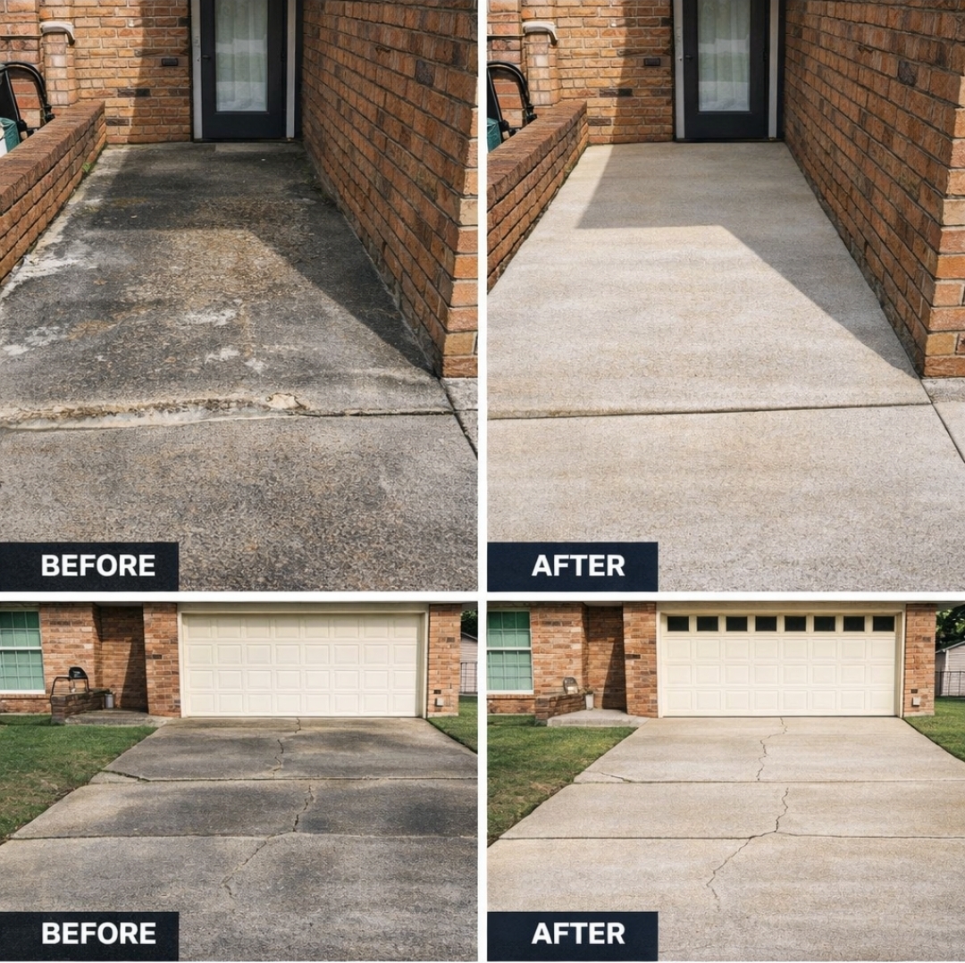 Before and after driveway cleaning by Hometown Shine
